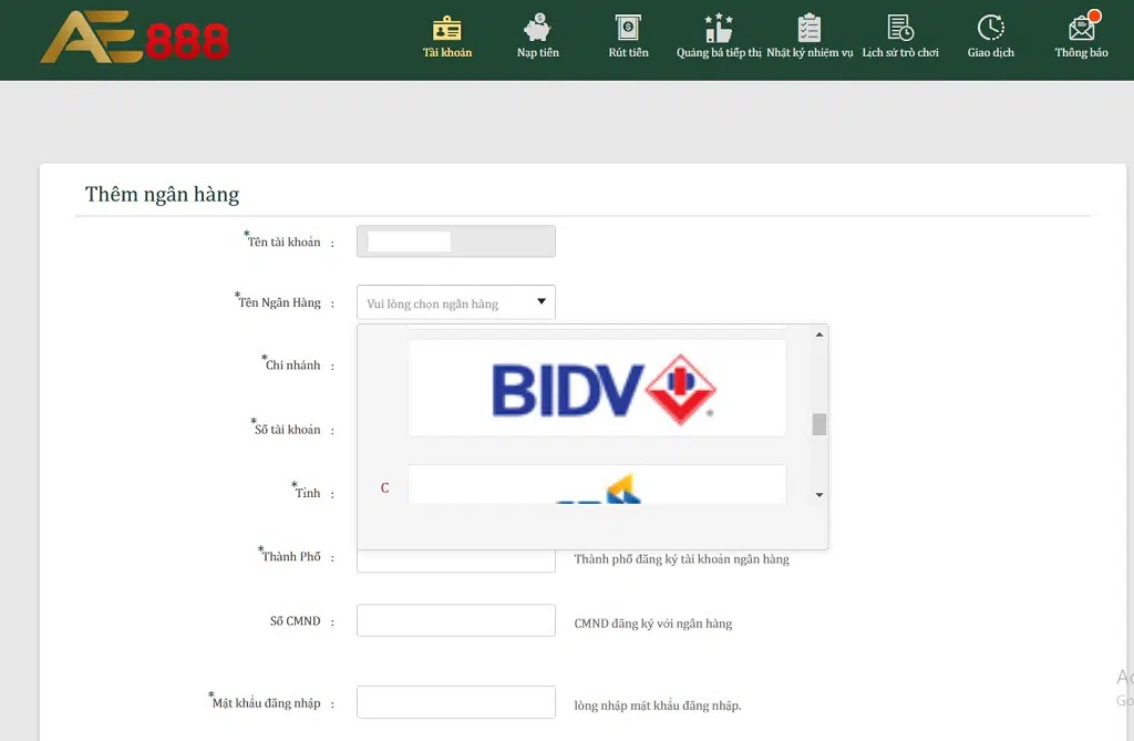 Thêm tài khoản Ngân hàng khi tiến hành rút tiền tại AE88