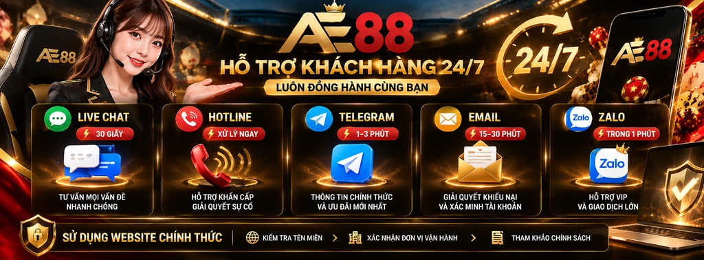 AE88 hỗ trợ khách hàng 24/7 qua Live Chat, Hotline, Telegram, Email và Zalo